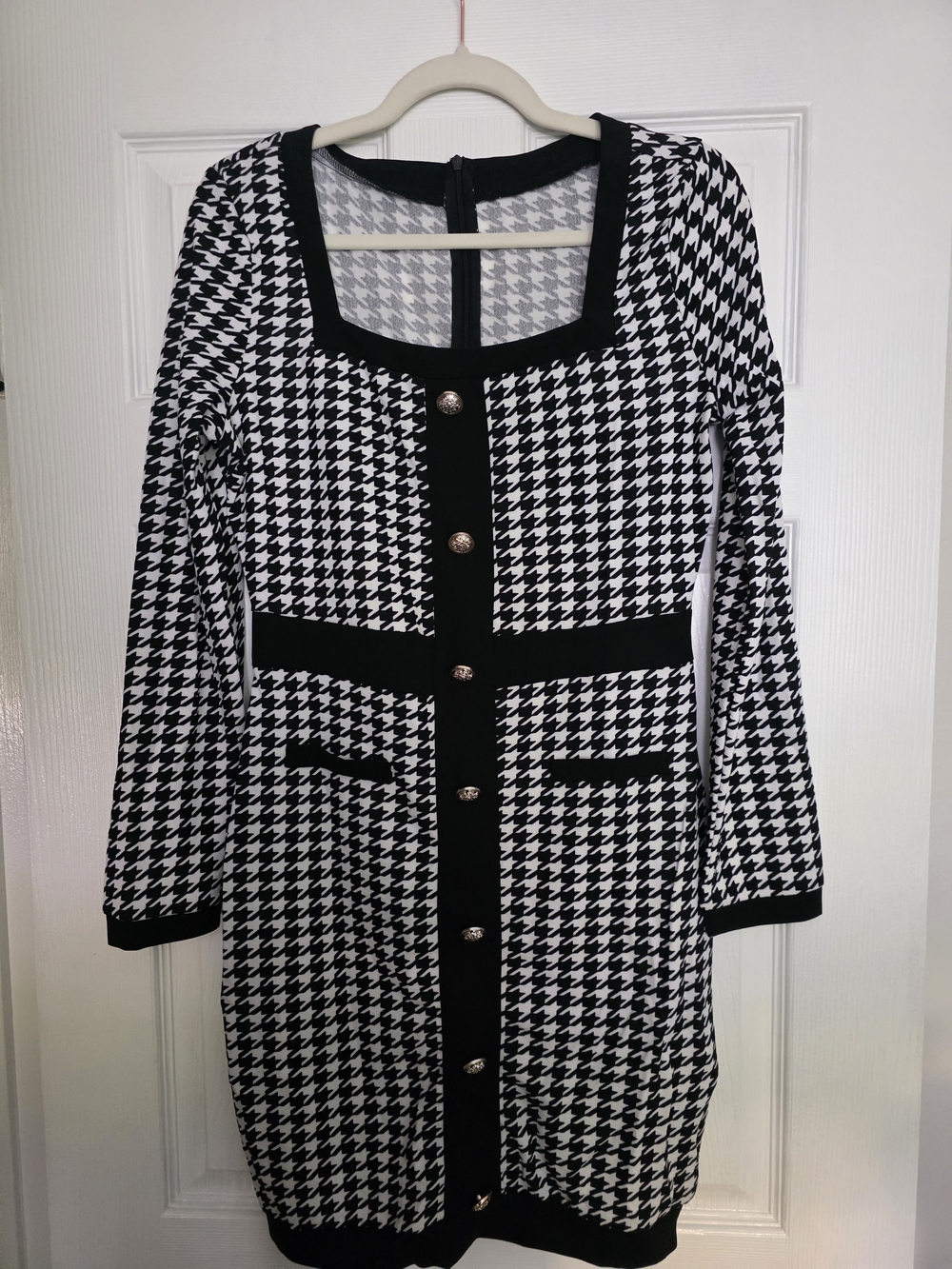 Women's Black and White Houndstooth Button Front Dress